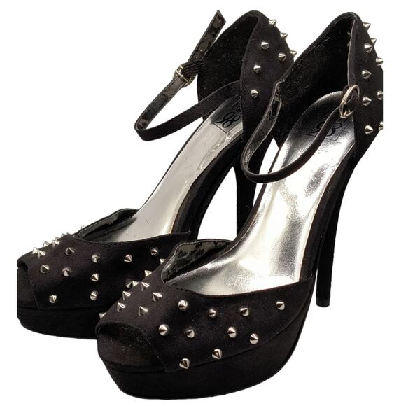 Speed Limit 98 Black Faux Suede Silver Spikes Open Toe Pump Heels 7.5 - Picture 7 of 16